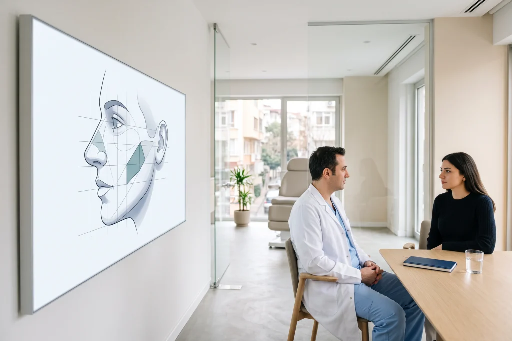 Klinikte karşılıklı oturan hekim ve hasta, bişektomi planlamasıyla ilişkili geometrik oran çizimlerinin önünde görüşüyor.
