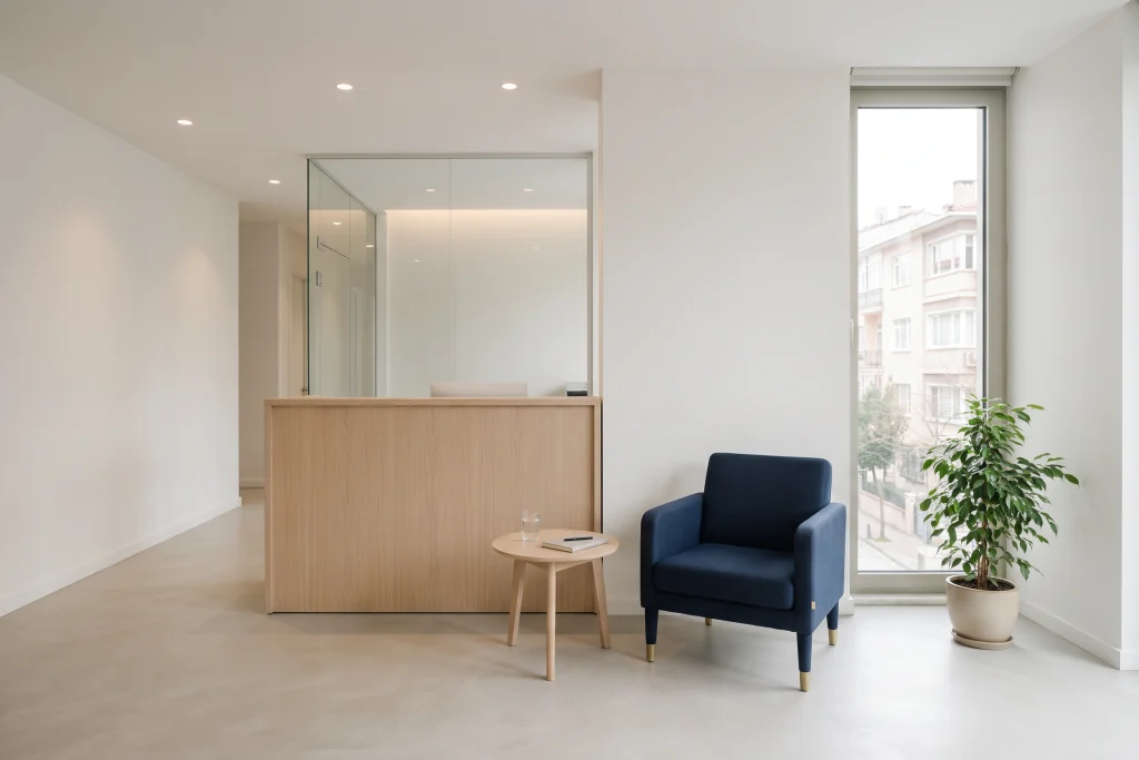 Empty modern clinic reception in Istanbul, illustrating the travel-planning setting for aesthetic care.