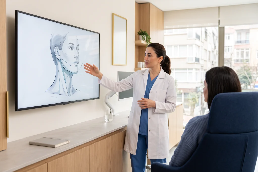 Hekim, ekrandaki çene hattı ve boyun konturu çizimli baş-boyun anatomisi görselini hastaya gösteriyor.