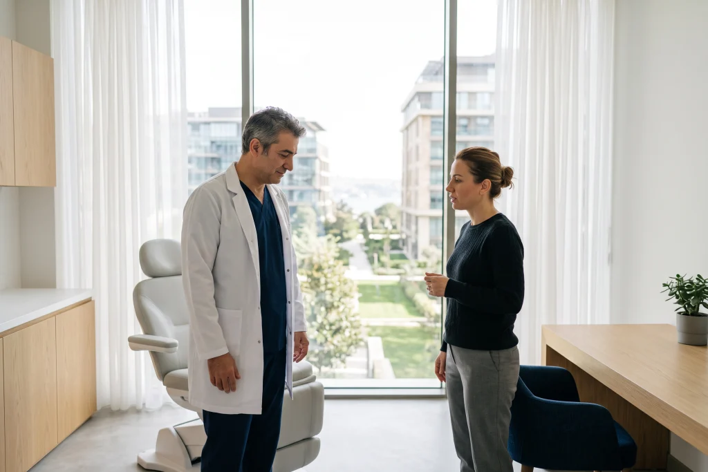 Klinik koridorunda hekim ve hasta bacak estetiği planını görüşürken masada not defteri, kalem ve kumpas bulunuyor.