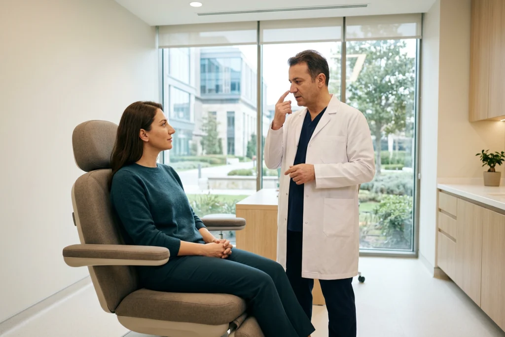 Hekim, muayene koltuğundaki yetişkine yandan burun sırtını göstererek koruyucu rinoplastiyi anlatıyor.