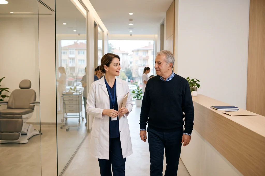 Klinik resepsiyonunda hekim ve hasta alın kırışıklığı seçeneklerini konuşurken masada kapalı defter ve dosya bulunuyor.