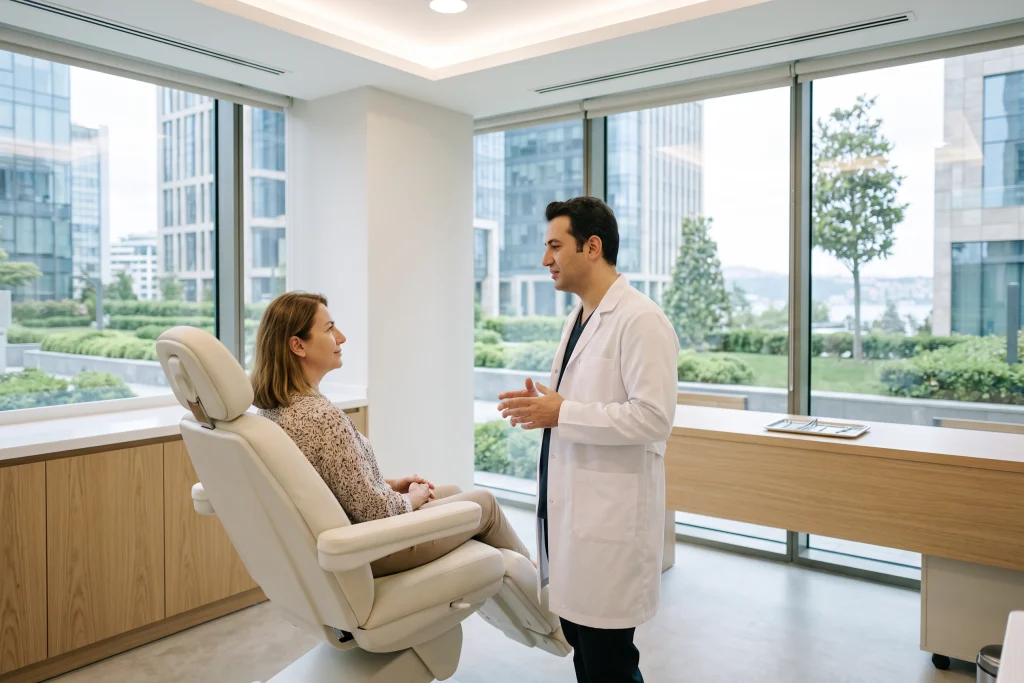 Hekim ve hasta klinikte el estetiği seçeneklerini değerlendiriyor.