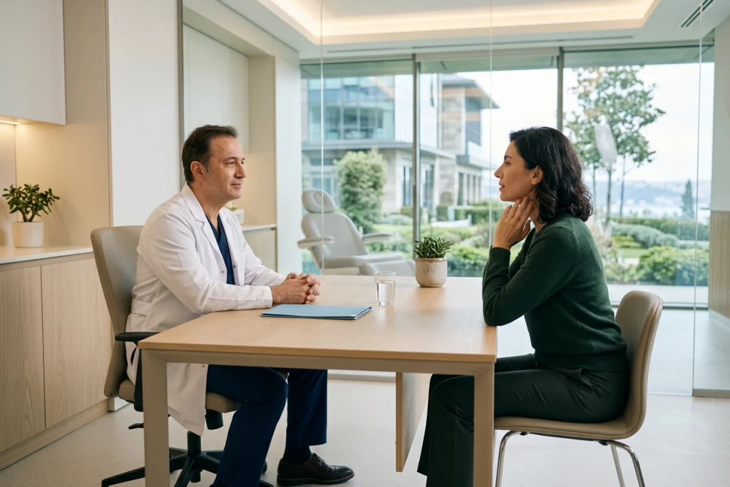 Hekim, klinikte karşısındaki hastanın işaret ettiği çene ve boyun hattındaki sarkma yakınmasını dinliyor.