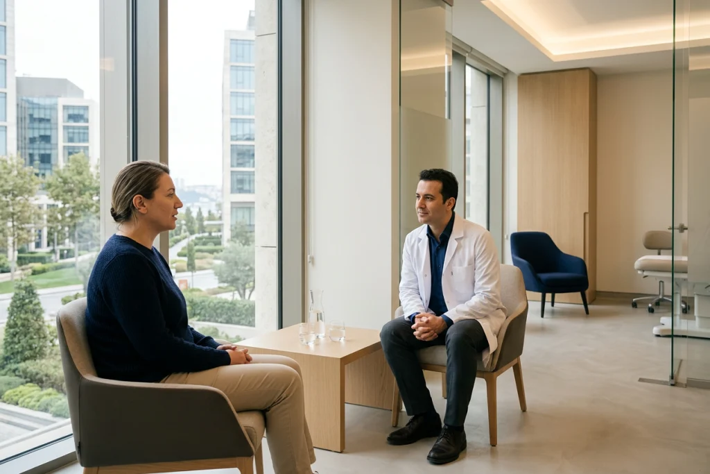 Klinik salonda karşılıklı konuşan hekim ve kulağı yandan görünen yetişkin hasta kepçe kulak değerlendirmesini temsil ediyor.