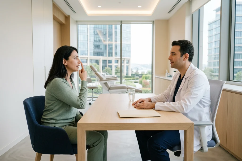 Klinikte hekim, masada oturan ve burnunu işaret eden yetişkin hastayı dinliyor.