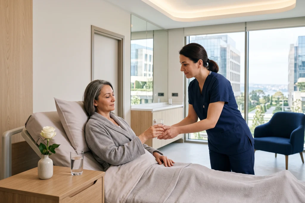 Hekim ve hasta klinikte gıdı estetiği seçeneklerini değerlendiriyor.