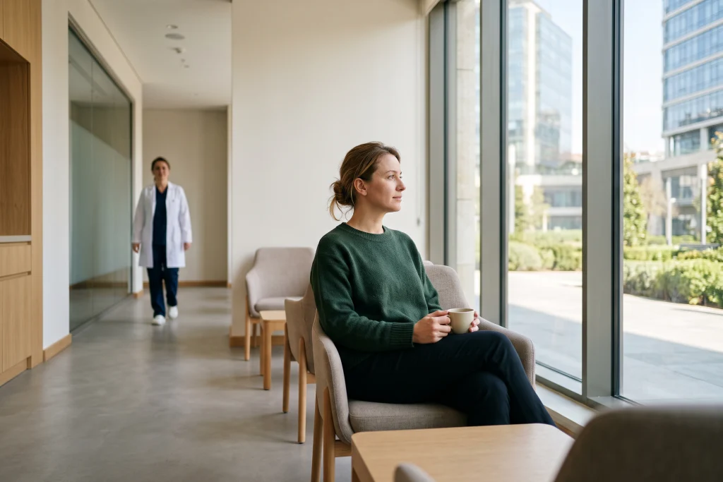 Hekim ve hasta klinikte meme sarkması değerlendirmesini konuşurken masada not defteri, kalem ve ölçüm pergeli bulunuyor.