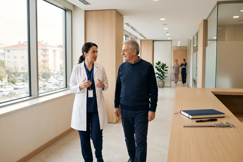Klinik resepsiyonunda hekimle görüşen hasta; masadaki defter, kalem ve ölçüm pergeli yanak değerlendirmesini yansıtır.
