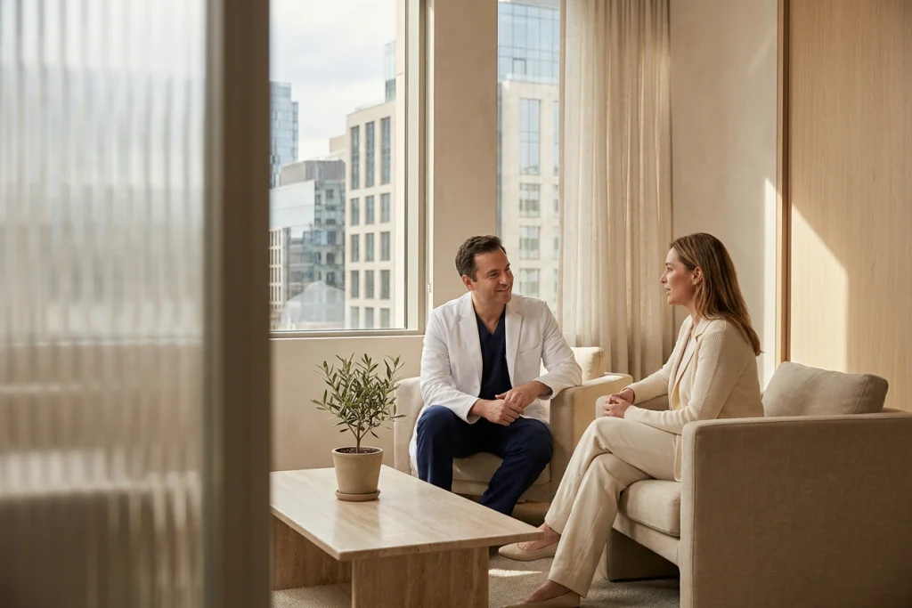 Doctor and adult patient talk in a calm clinic lounge during a Botox aftercare consultation.