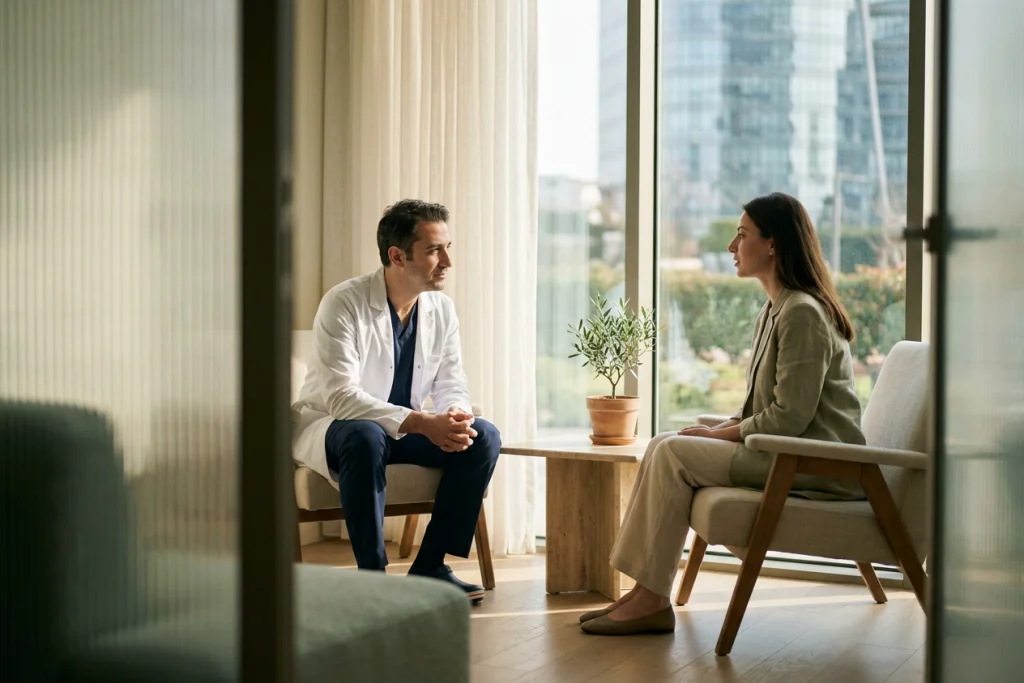 A surgeon and adult patient discuss nose concerns while seated by a window in a calm clinic lounge.