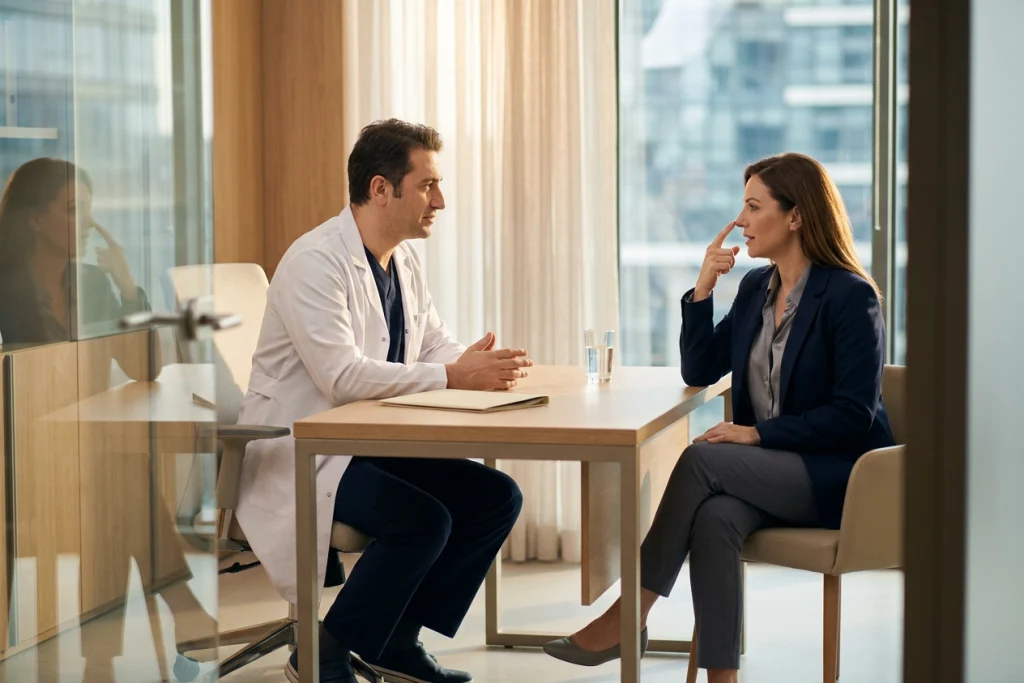 Doctor listens as an adult patient points to their nasal profile while discussing a rounded nasal tip.