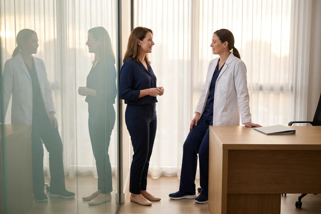 Surgeon listens to a woman during a private consultation about hybrid breast augmentation options.