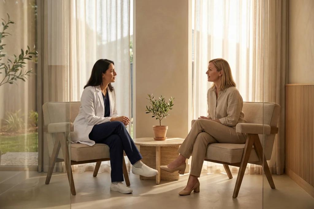 Doctor and woman discuss underarm skin concerns while seated by a window in a calm clinic lounge.