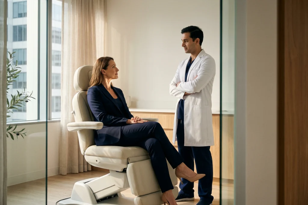 A clinician listens to an adult in profile during a consultation about loose skin beneath the jaw.