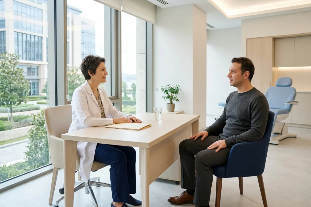 Hekim ve yetişkin hasta klinikte görüşürken fibroblast tedavisi için cilt değerlendirmesi yapıyor.