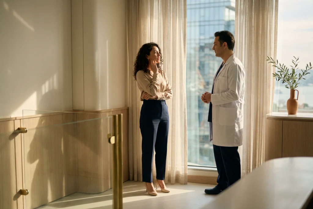 A clinician and an adult woman talk calmly in a consultation room about the lower face and mouth corners.