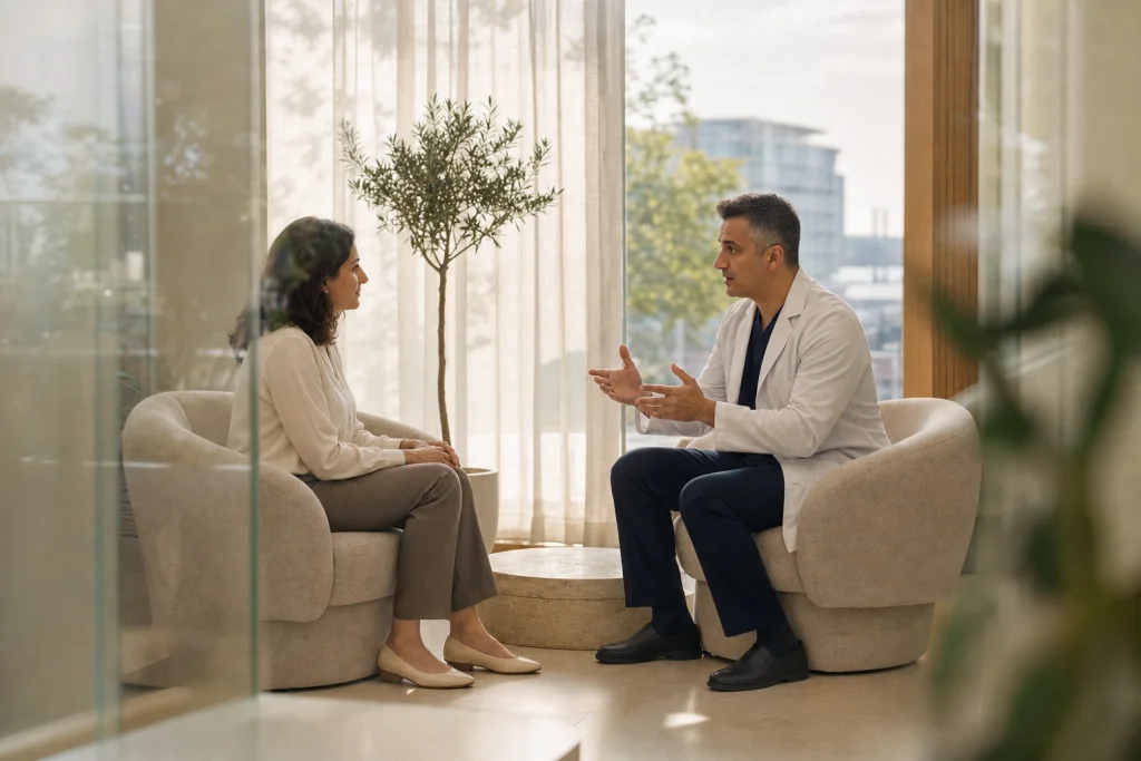 Doctor and patient discuss breast shape concerns in a calm clinic lounge.