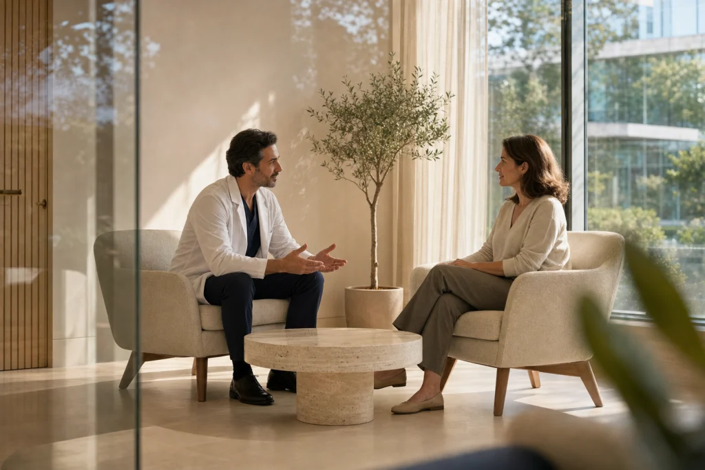 A clinician and adult patient talk in a calm clinic lounge during a cheek implant consultation.