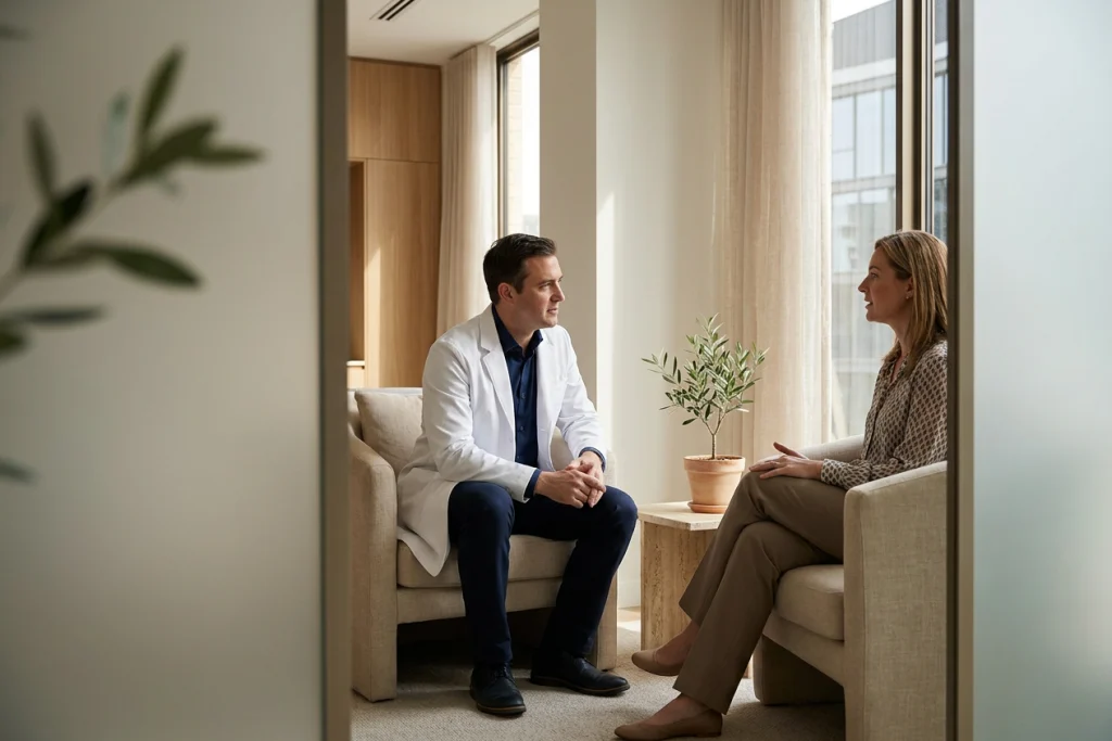 Hekim, çene hattı değerlendirmesi için klinik salonda profilden oturan yetişkin hastayı dinliyor.