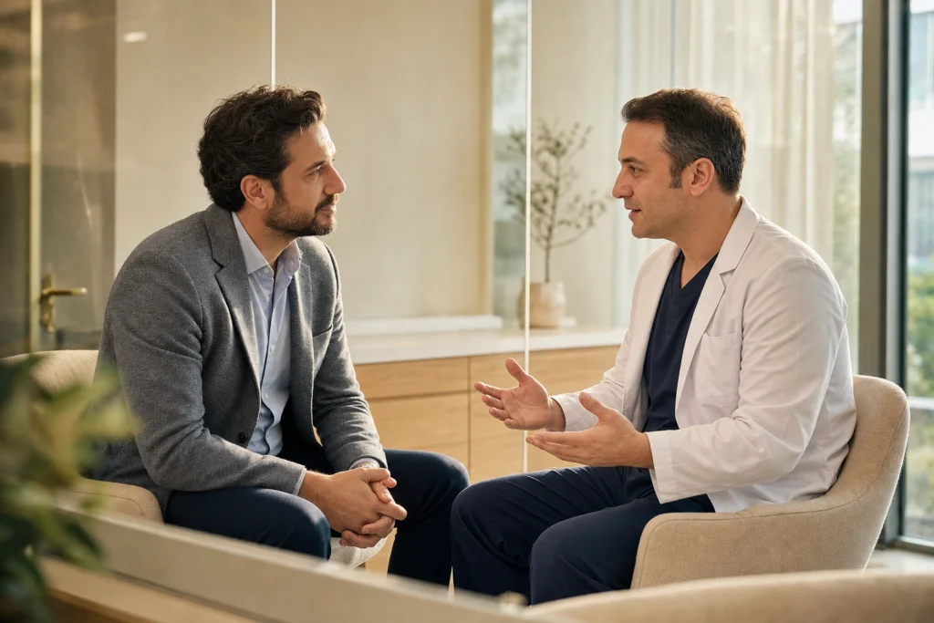 A surgeon listens to a male patient during a consultation about male facelift planning, hairline and beard-line concerns.