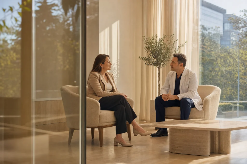 Klinik salonunda pencere yanında oturan hekim ve kadın hasta meme estetiği seçeneklerini sakin biçimde görüşüyor.
