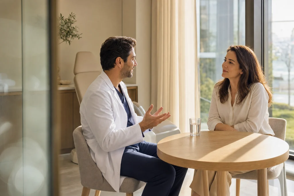 Klinikte hekim ve yetişkin hasta, yüz dolgusu planlaması için masada karşılıklı görüşüyor.