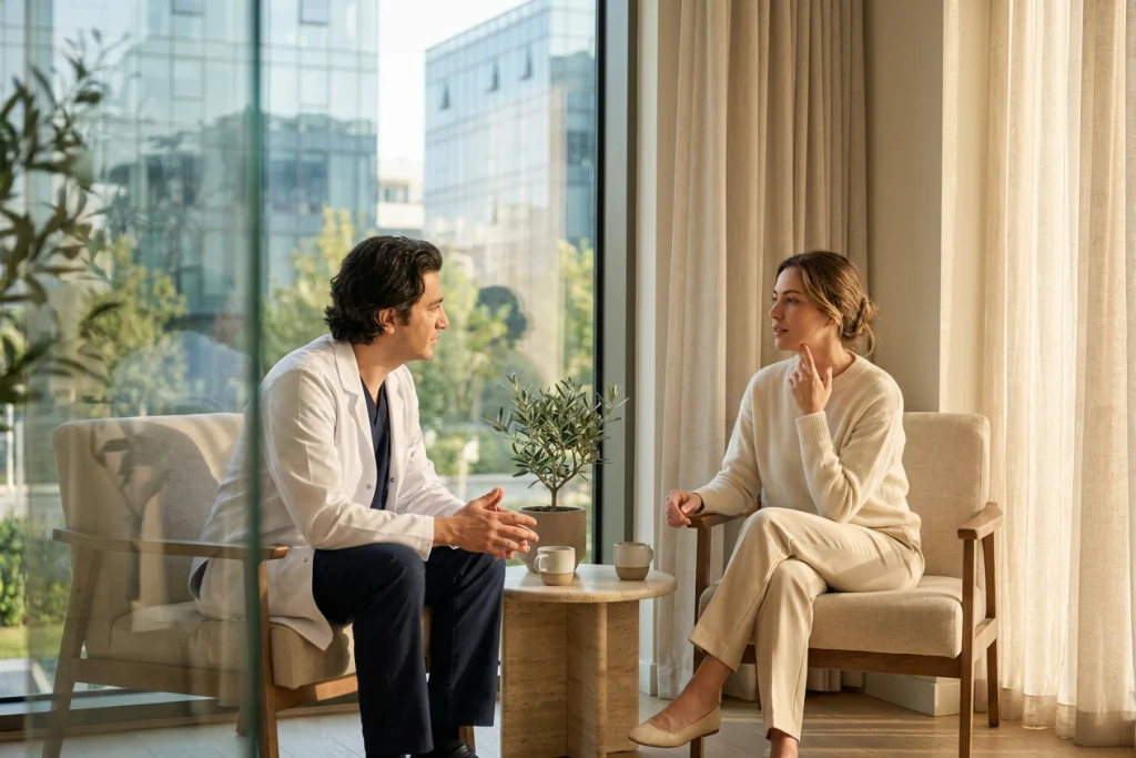 Patient indicating the jaw and neck profile while speaking with a surgeon during a face and neck consultation.