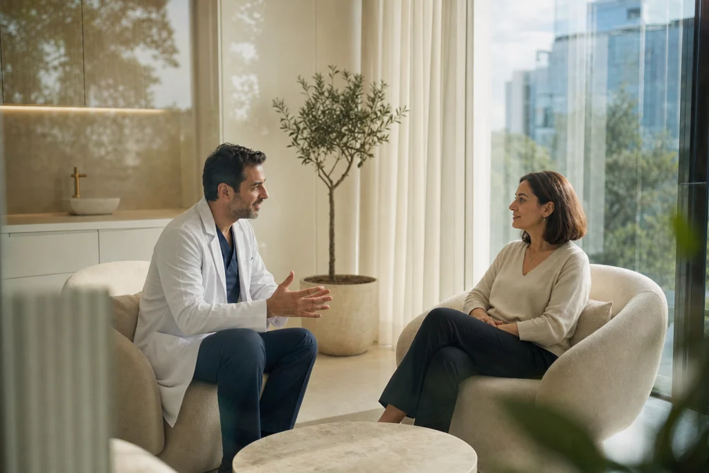 A surgeon and adult patient talk in a calm clinic lounge, reflecting a facelift surgery consultation.