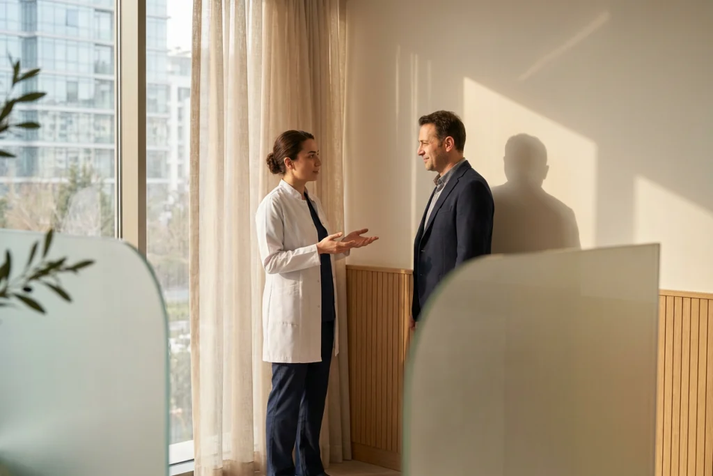 A clinician and adult patient discuss cheek filler concerns while standing by a large window with a blurred city view.