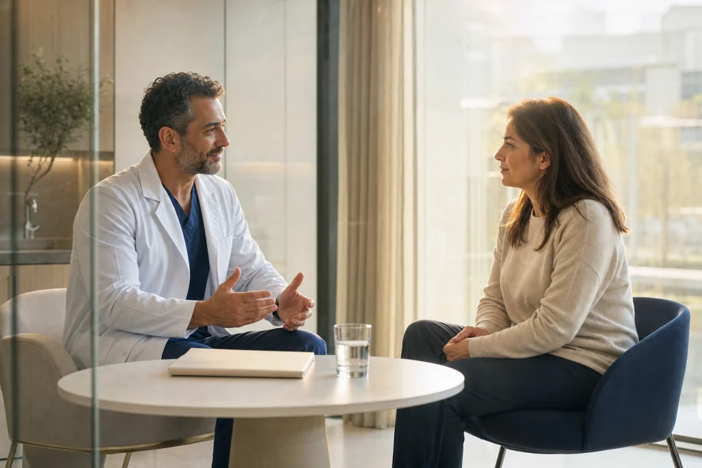 A doctor listens to an adult patient discussing lip lift surgery in a quiet consultation.