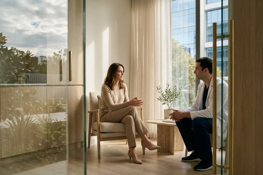 Doctor and woman discuss breast-size options in a calm private clinic lounge by a window.