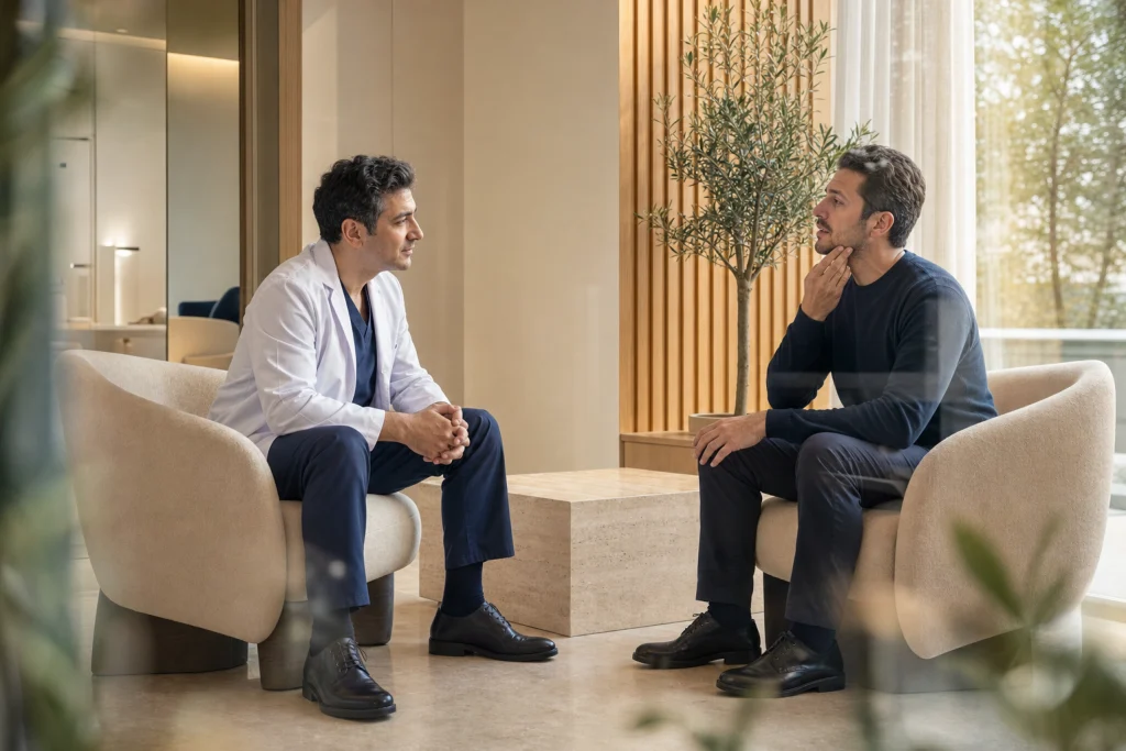 Doctor listens as a male patient points to his jawline during a relaxed clinic consultation about jawline filler.