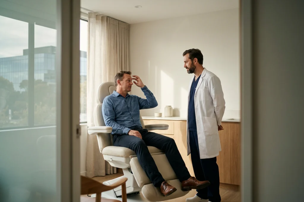 Male patient points to his brow area while a clinician listens during a blepharoplasty consultation.