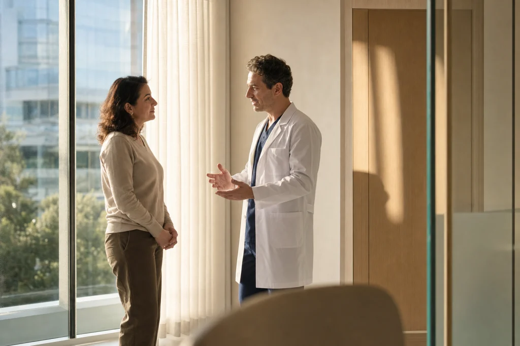 A clinician and adult patient talk by a large window about mini facelift planning, with a blurred city beyond.