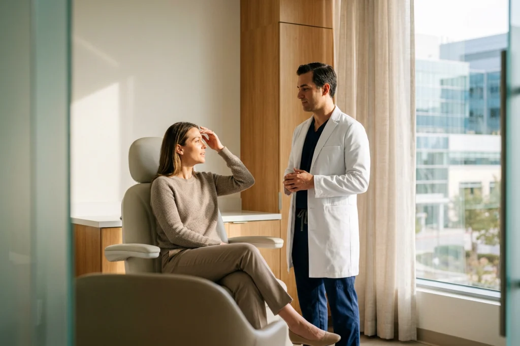 Patient points to the brow area while a clinician listens beside a modern examination chair during eyelid surgery planning.