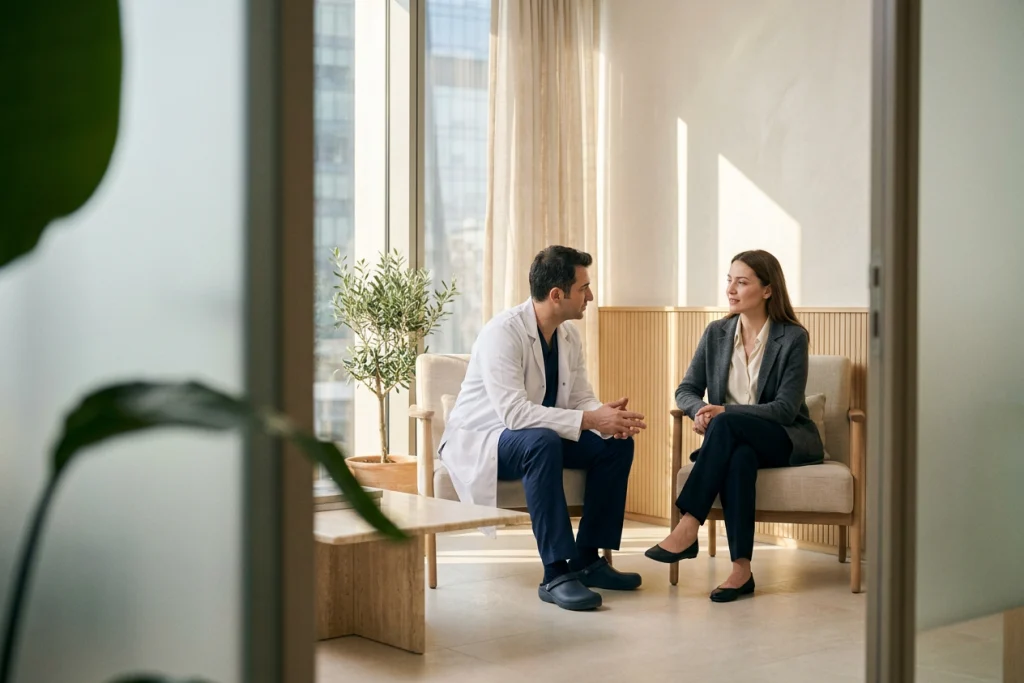 A clinician and adult patient discuss lip flip options while seated opposite each other in a calm clinic lounge.