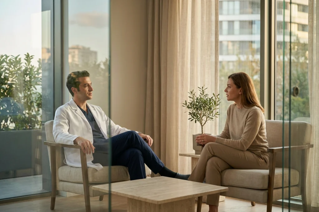 Klinik salonda burnunu işaret ederek şikâyetini anlatan hasta ile onu dinleyen hekim.