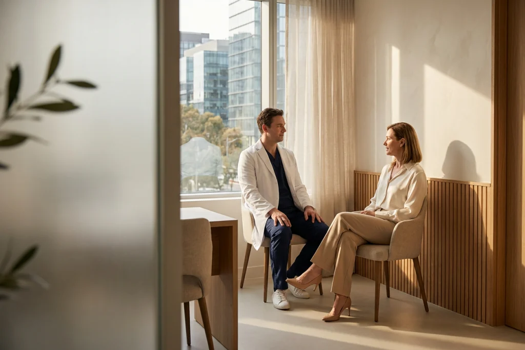 A doctor and woman discuss breast stretch-mark options privately beside a large window with a blurred city view.