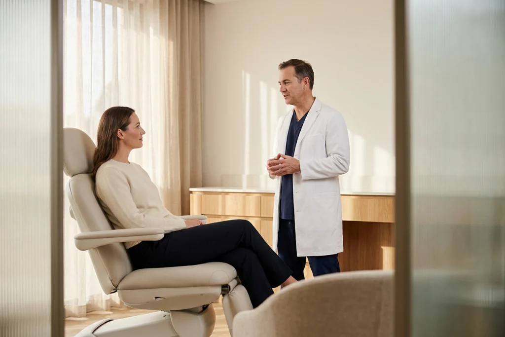 Clinician listens to an adult patient in an examination chair during a non-surgical nose job consultation.