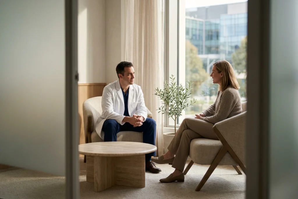 Clinician and adult patient sit opposite by a window in a calm clinic lounge to discuss a nasal bridge bump.