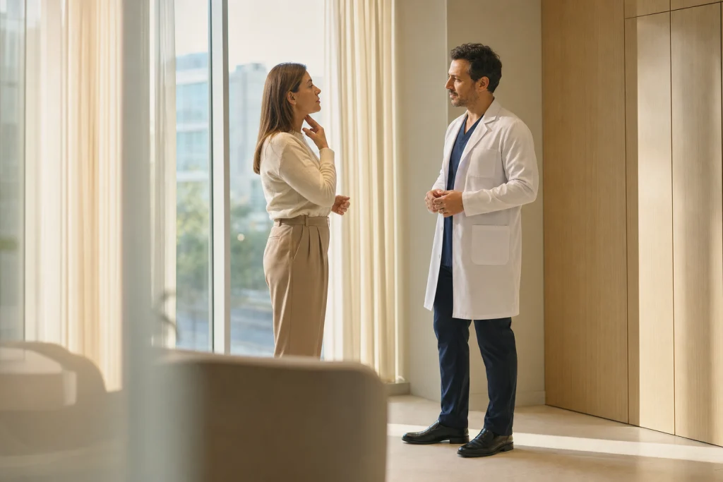 A clinician listens as an adult points to their jaw and neck line while discussing facial changes after weight loss.