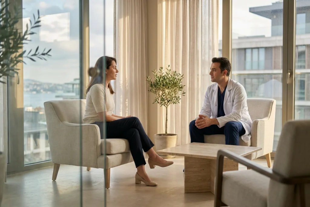 A doctor and woman sit by a window in a calm clinic lounge to discuss breast-shape options after weight loss.