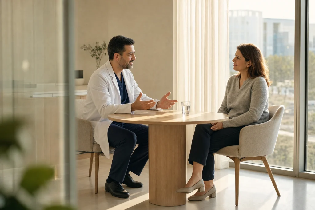 Clinician and adult patient discuss under-eye concerns across a nearly bare desk during a tear trough filler consultation.