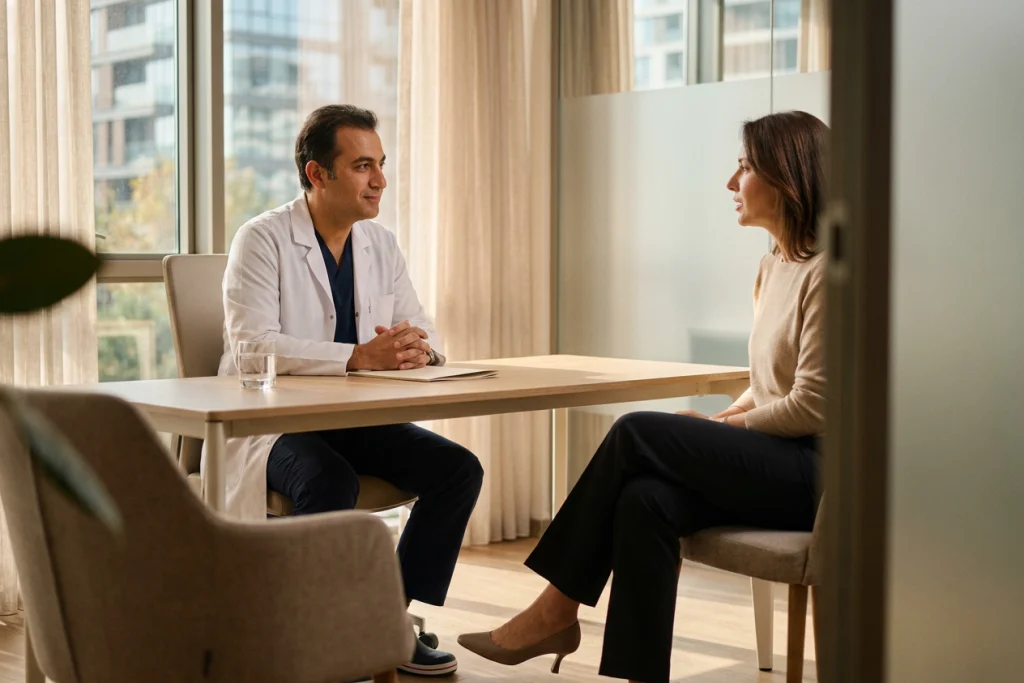 A clinician listens to a woman during a private conversation about tubular breast concerns at an almost bare desk.