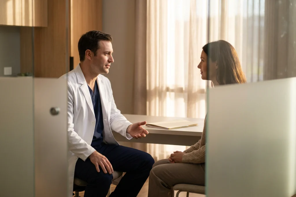 A physician listens to an adult patient during a lip filler consultation at an almost bare desk.