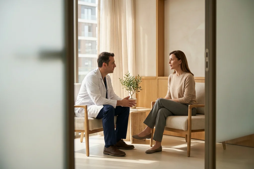 Doctor and adult patient discuss chin contour in a calm clinic lounge by a window.