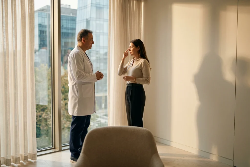 A patient points to their nose while speaking with a clinician about profile balance near a large window.