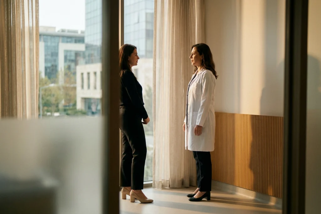 A doctor and female patient discuss breast-shape concerns privately beside a large window.