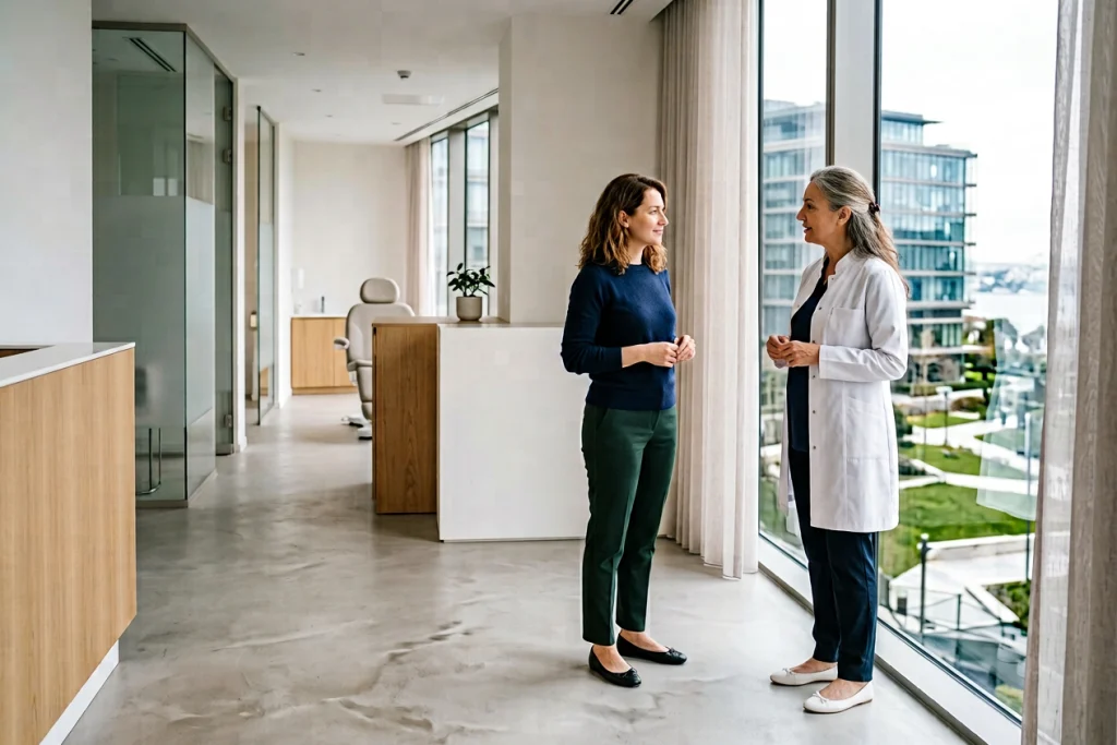 A doctor and woman discuss breast aesthetic concerns while standing by a large window with a blurred city view.